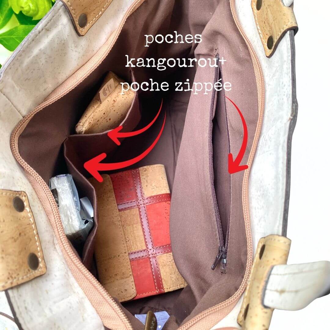 Intérieur du sac Renda avec compartiment principal zippé, deux poches kangourou et poche zippée