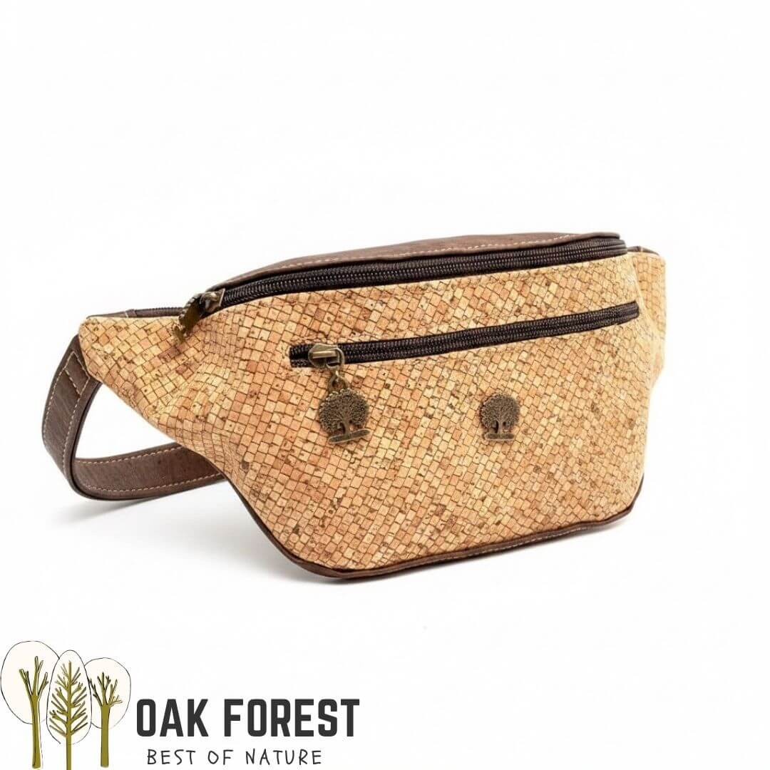 sac banane homme vegan en liège marron foncé et motif carreaux vu de profil