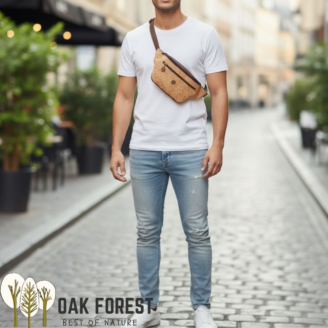 sac banane vegan homme en liège avec motif carreaux et marron