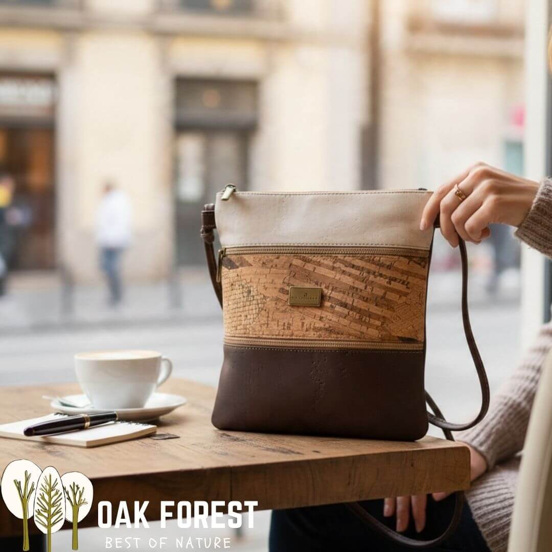 Sac bandoulière Calçada en liège posé sur une table de café en terrasse, version bandeau blanc