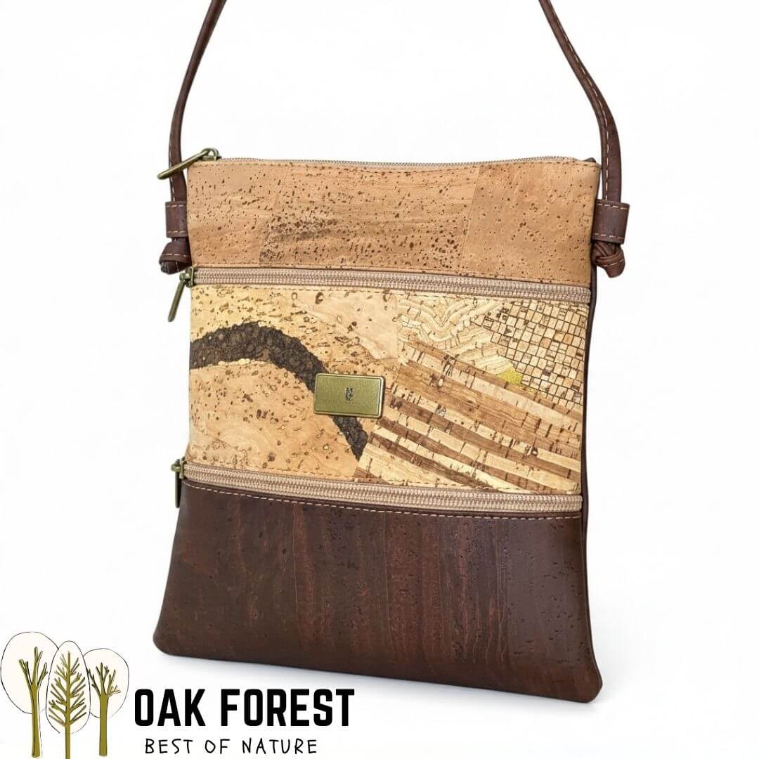 Sac bandoulière Calçada version camel, bandeau en liège naturel, mosaïque centrale et base chocolat