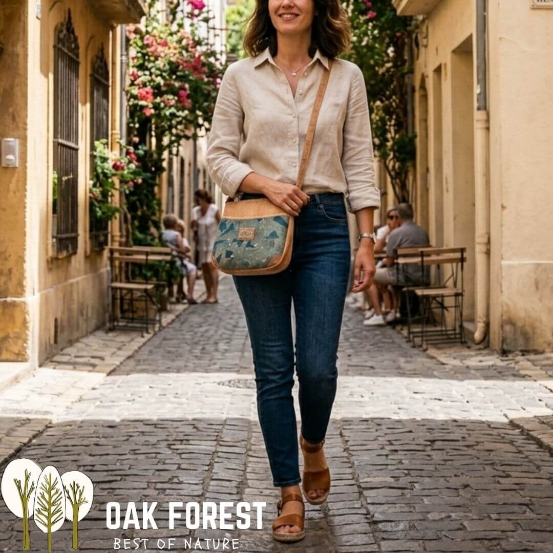 Sac besace Solène Blue en liège porté en bandoulière