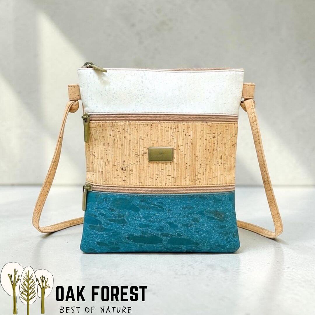 Sac bandoulière Trilogia en liège blanc, liège naturel rayé et base bleu canard marbré