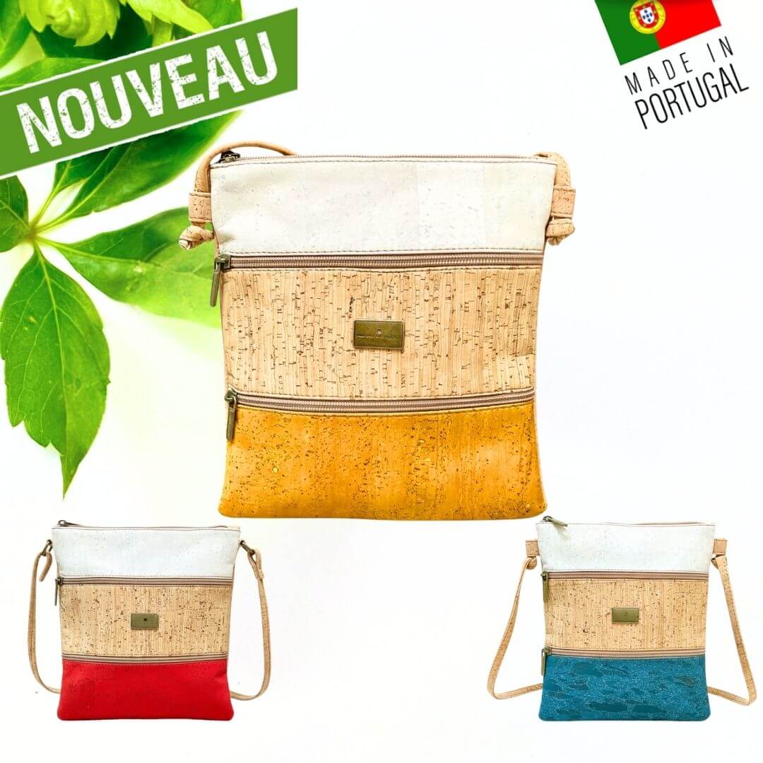 Les trois coloris du sac bandoulière Trilogia en liège : rouge, jaune et bleu