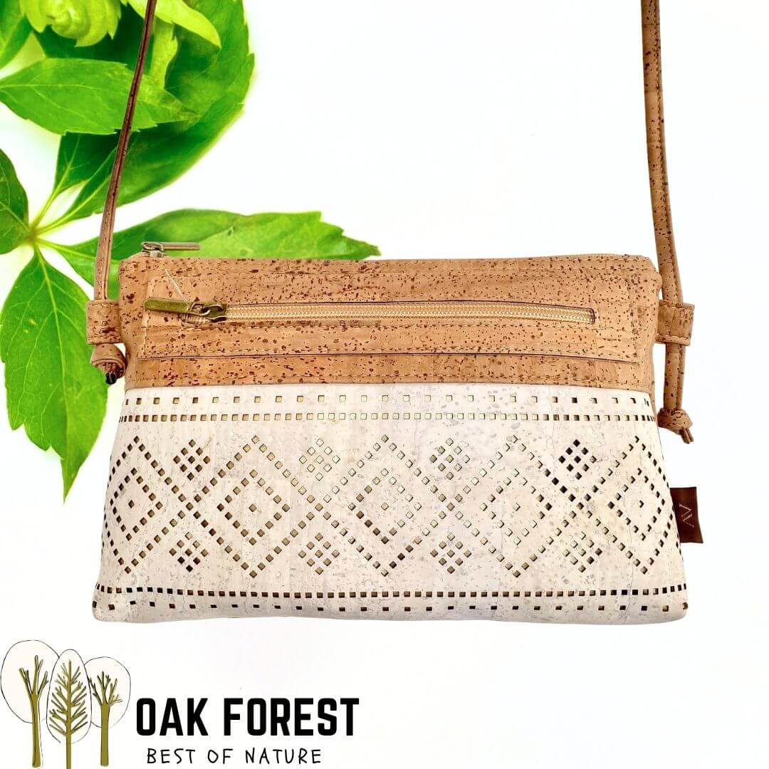 sac bandoulière en liège bicolore camel et blanc avec motif géométrique découpé au laser — modèle Alhambra vue de face