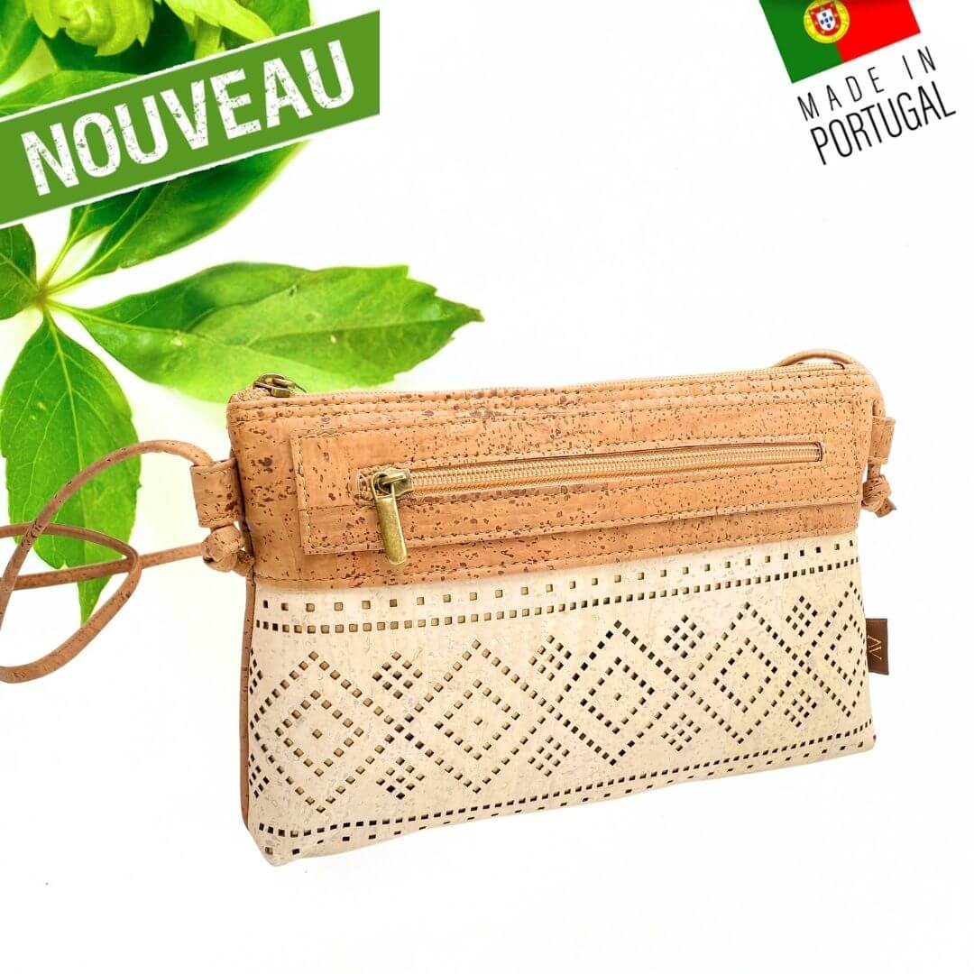 Pochette bandoulière en liège bicolore camel et blanc avec motif géométrique découpé au laser — modèle Alhambra vue de face