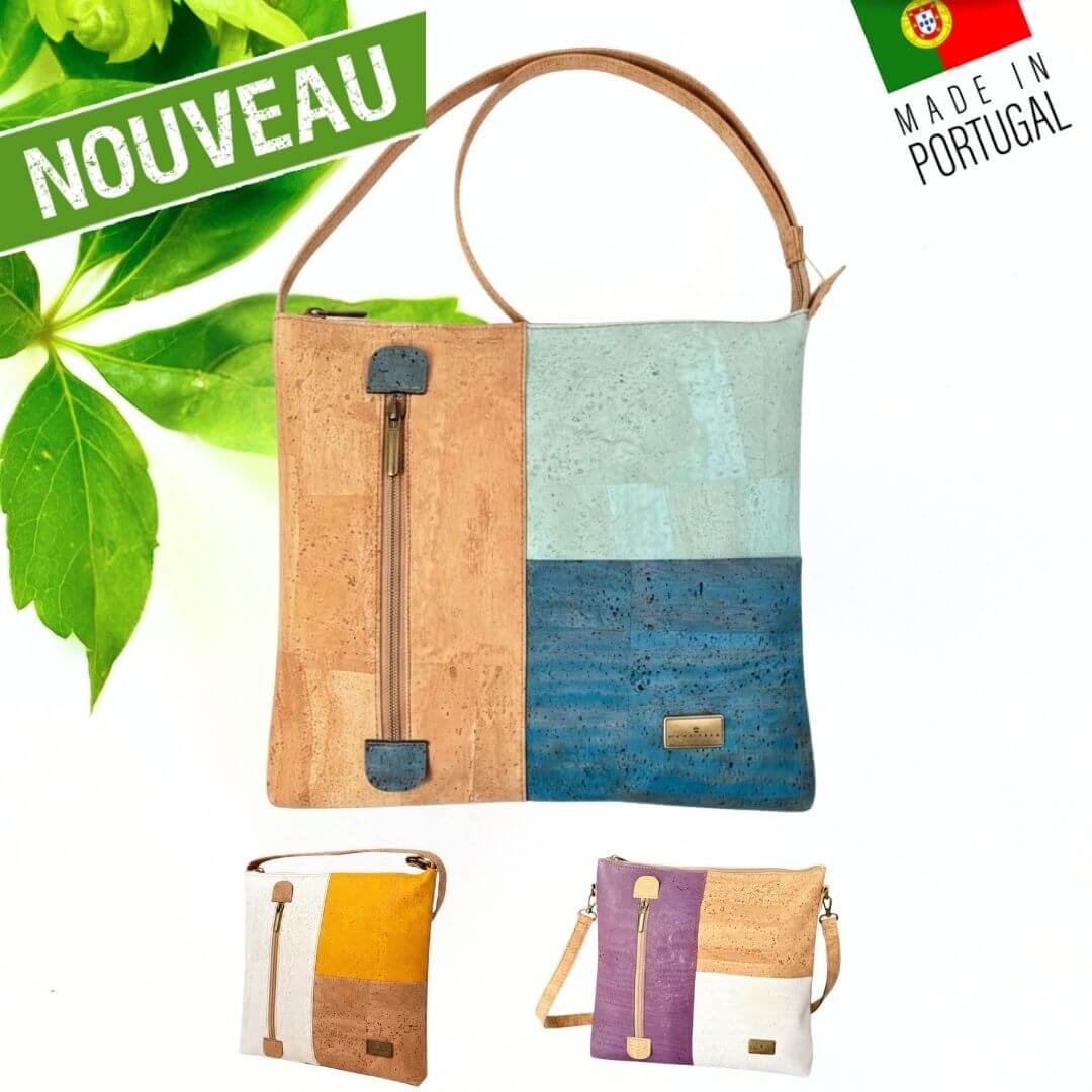 Les 3 coloris du sac Square en liège : bleu océan, moutarde soleil et violet lavande — vue d'ensemble