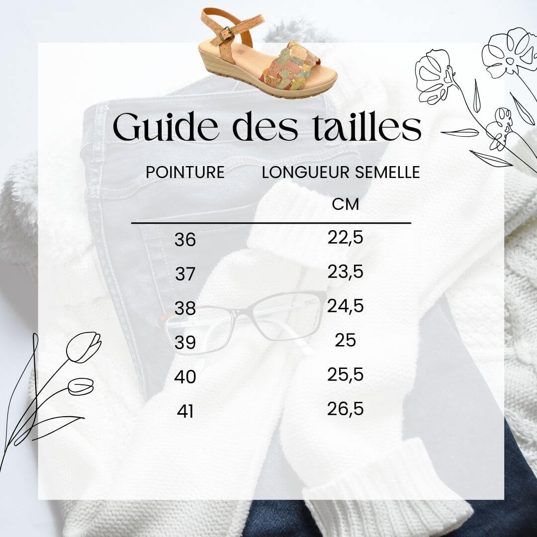 Guide des tailles Sandale compensée en liège patchwork multicolore modèle Mosaïque Montado