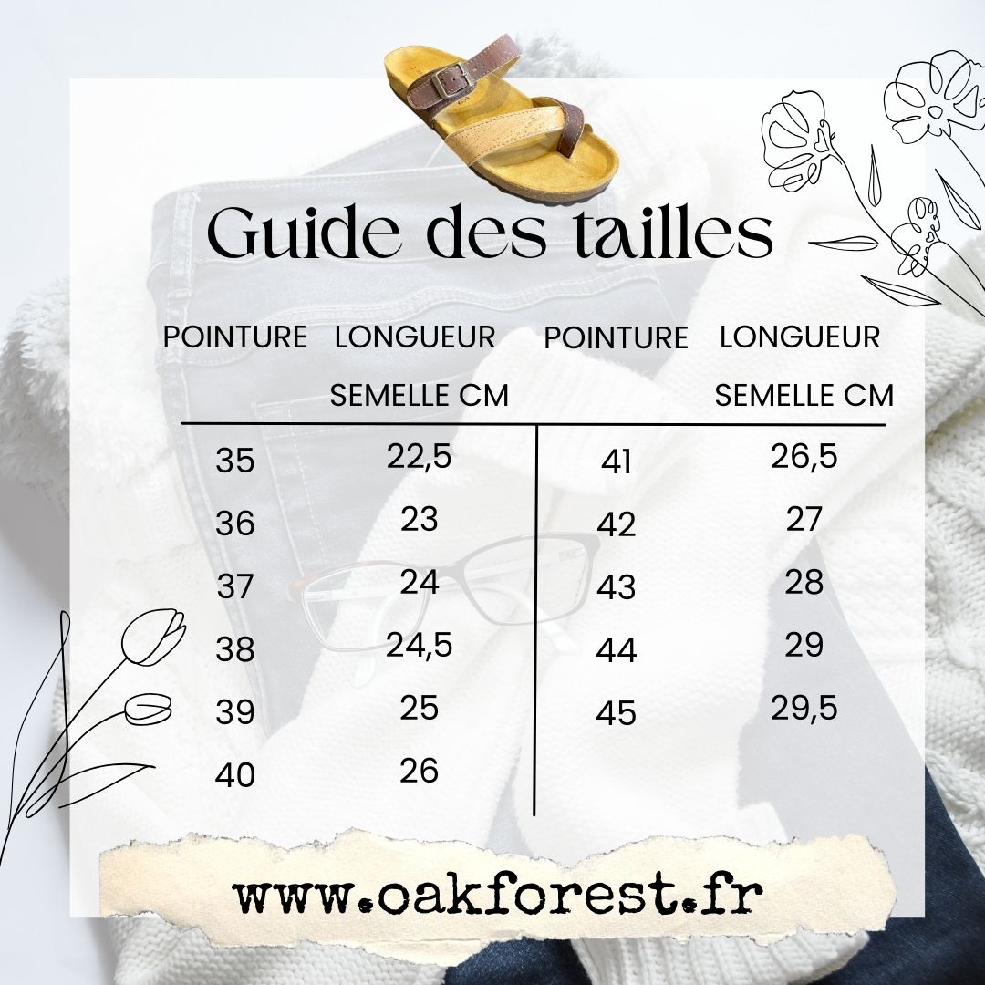 guide des tailles Sandales Safari en liège et cuir patchwork multicolore,
