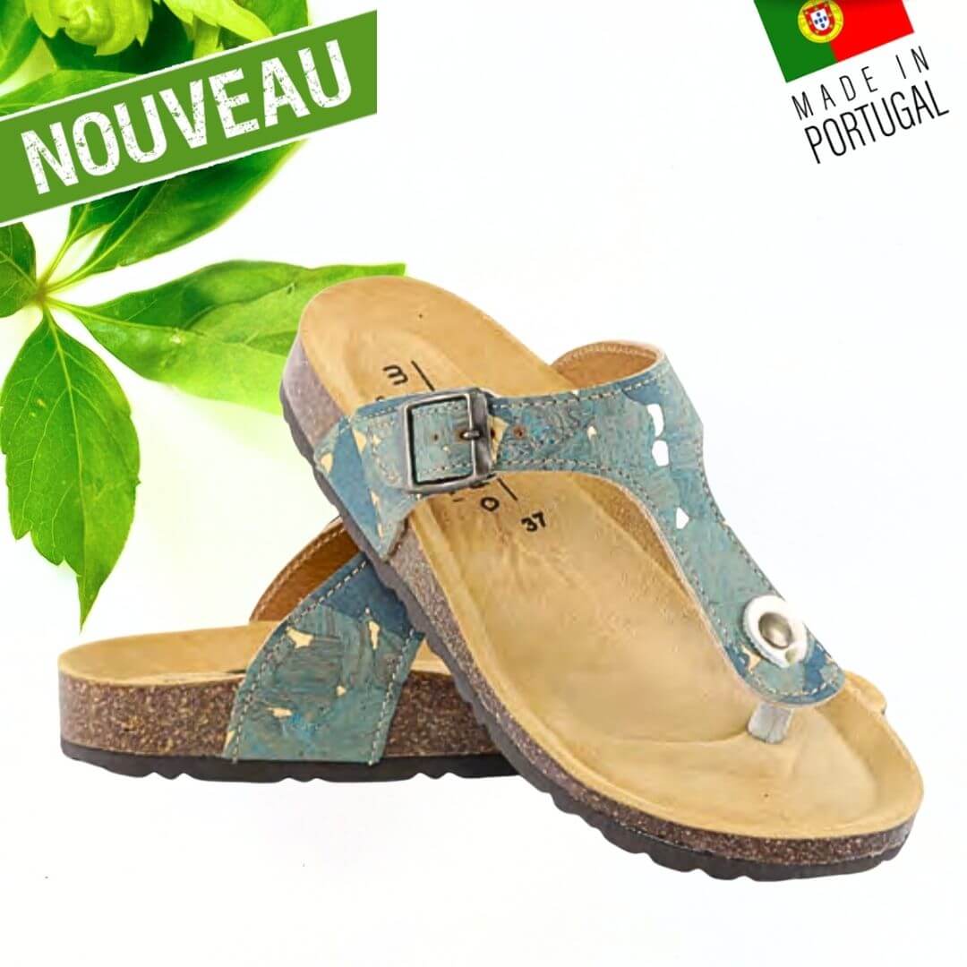 Paire de sandales tong en liège bleu et doré avec boucle réglable et semelle anatomique — modèle Birk Oceano Montado