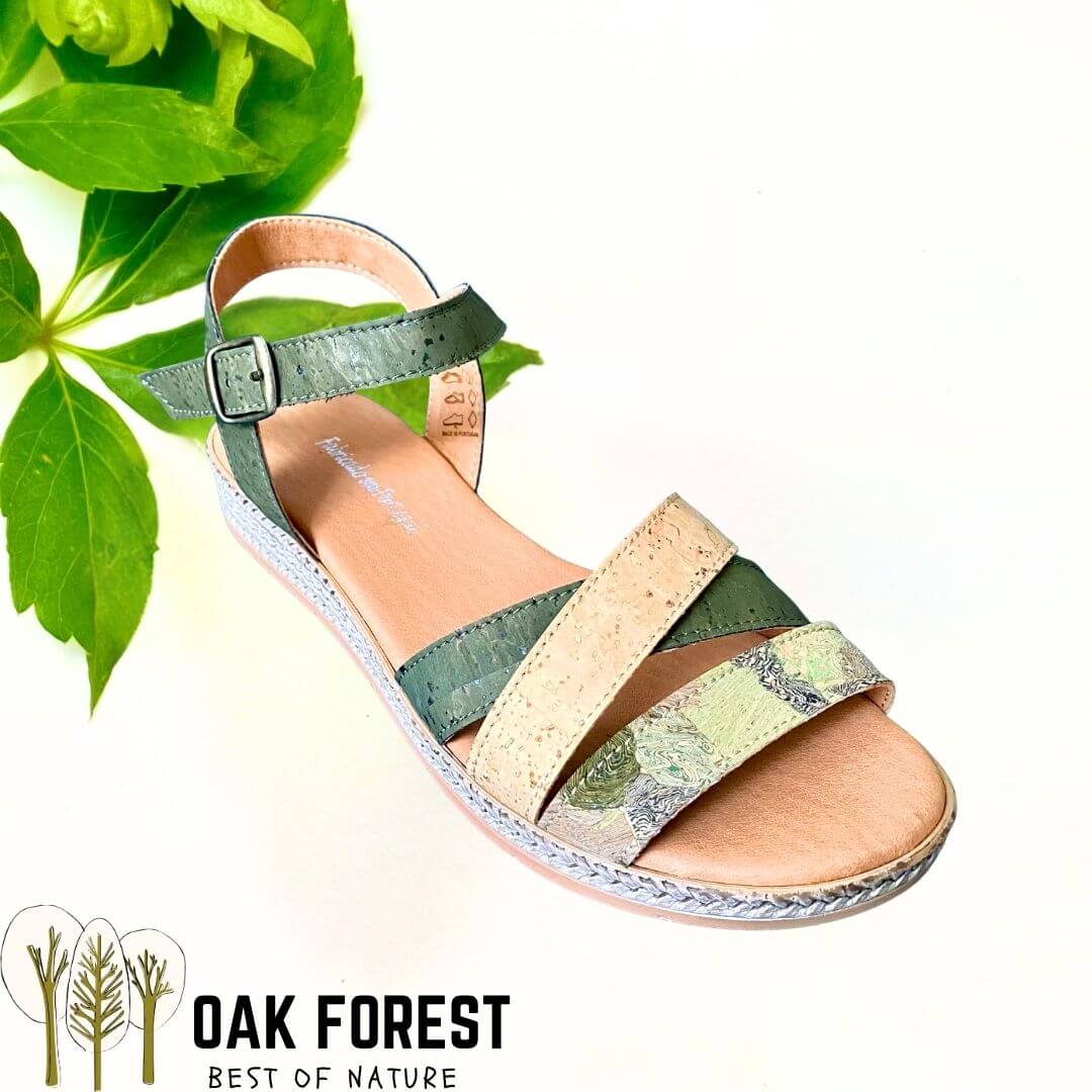 Sandales femme vegan en liège vert Roma – vue dessus – Oak Forest