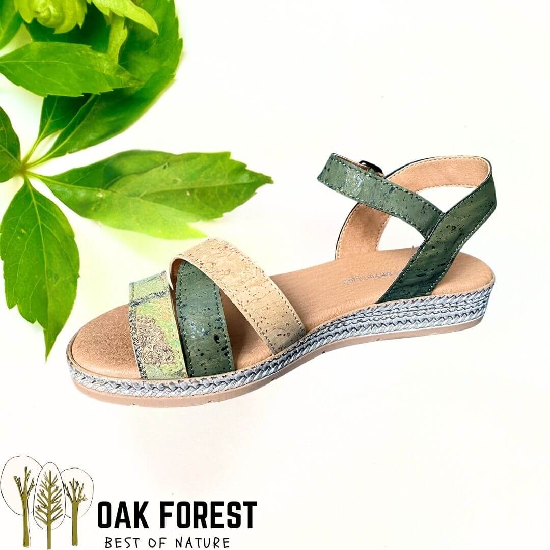 Sandales femme liège naturel vert Roma – vue de côté – Oak Forest