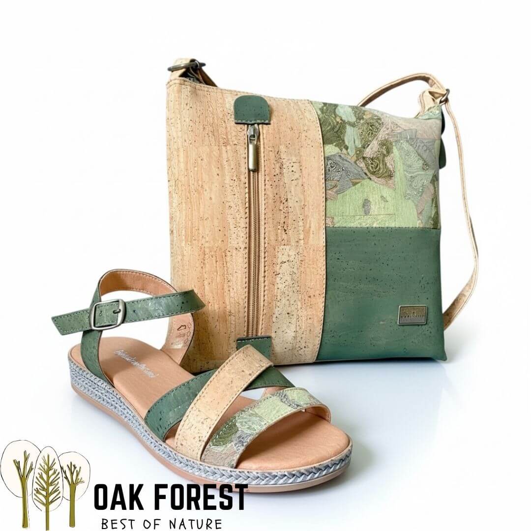 Sandales femme liège naturel vert Roma – duo avec sac assorti – Oak Forest