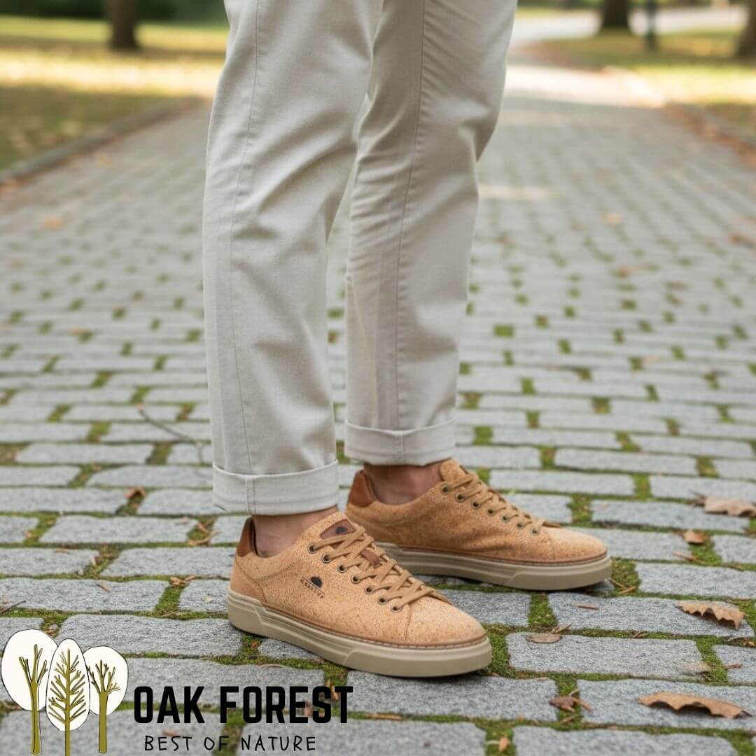 Homme portant les sneakers Porto en liège naturel avec un chino beige sur des pavés en ville