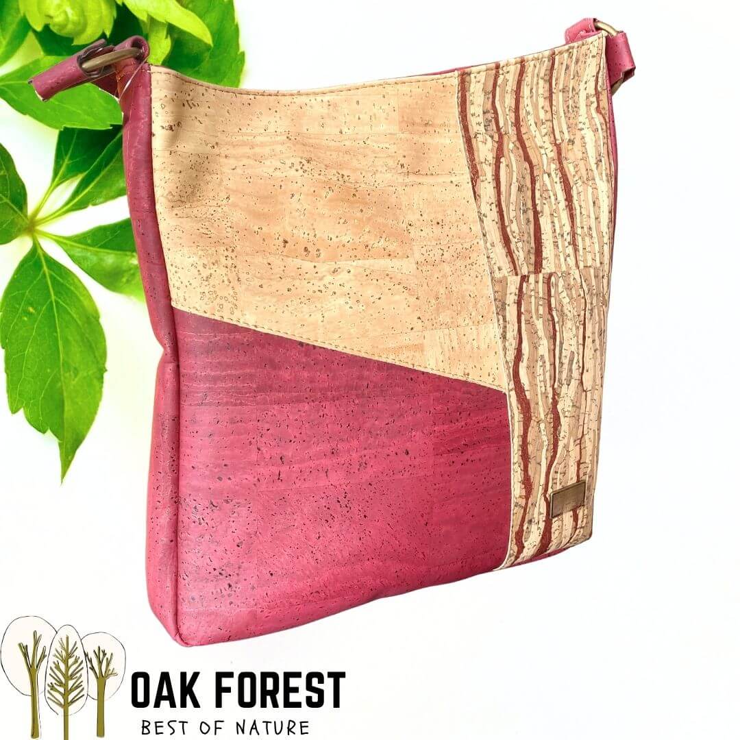 Sac épaule en liège patchwork bordeaux, naturel et écorce veinée — modèle Vendange vue de profil
