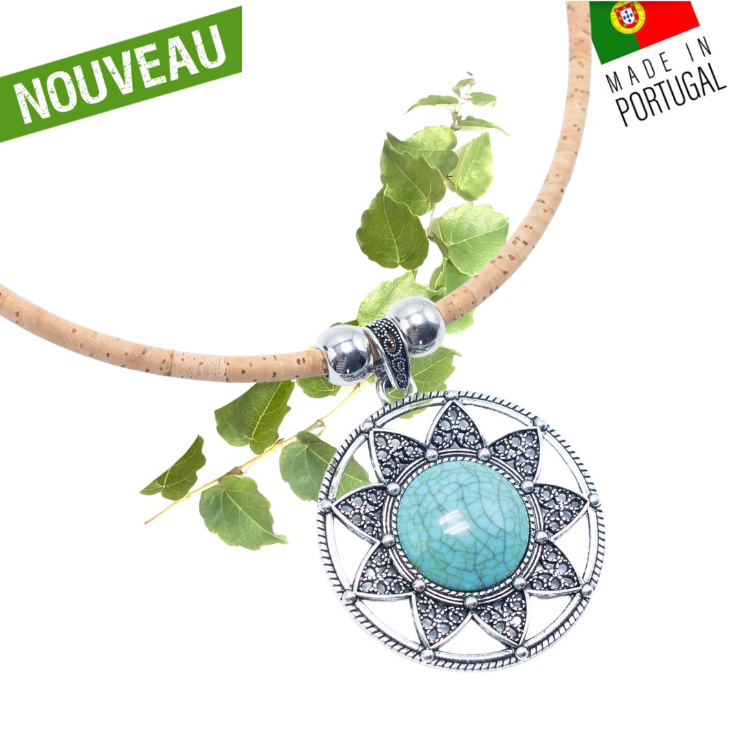 collier en liège - collier en liege - collier liège - collier liege - collier bois- Mandala- collier fantaisie - collier pas cher - idée cadeau noël - idée cadeaux Noel - pendentif - collier coeur - collier vegan - collier femme vegan - collier femme palmier - collier femme feuille portugal - collier bleu femme - collier soleil femme - collier turquoise femme