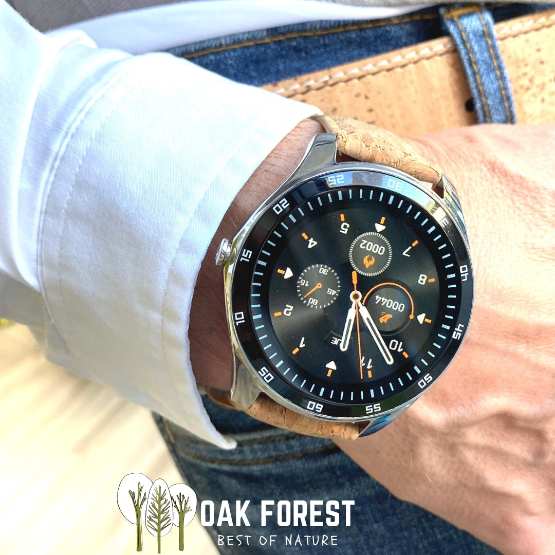 Montre connectée en liège - montre en liège - smartwatch en liège - montre homme en liège - montre vegan connectée - montre urban - montre classe - grosse montre - montre cardio - podomètre en liège - fréquence cardiaque - montre bluetooth liège - montre Portugal