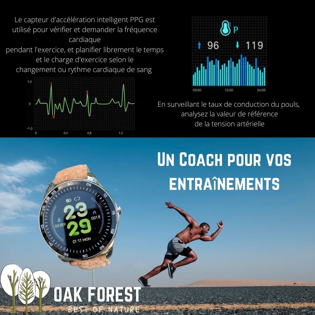 Montre connectée en liège - montre en liège - smartwatch en liège - montre homme en liège - montre vegan connectée - montre urban - montre classe - grosse montre - montre cardio - podomètre en liège - fréquence cardiaque - montre bluetooth liège - montre Portugal
