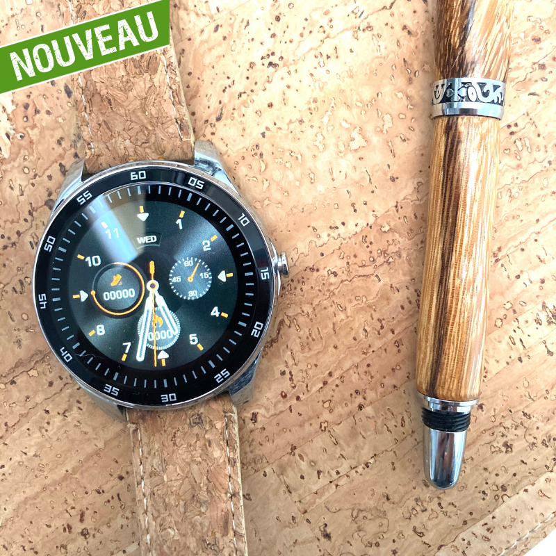 Montre connectée en liège - montre en liège - smartwatch en liège - montre homme en liège - montre vegan connectée - montre urban - montre classe - grosse montre - montre cardio - podomètre en liège - fréquence cardiaque - montre bluetooth liège - montre Portugal