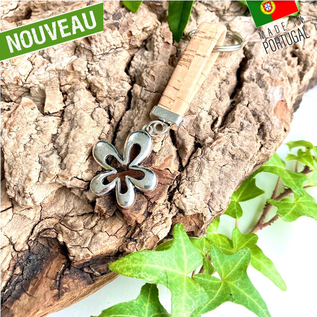 porte clés vegan en liege - porte clé fleur - idée cadeau femme - fleurs métallique - porte clé fleur - porte clé liège portugal - porte clé grosse fleur