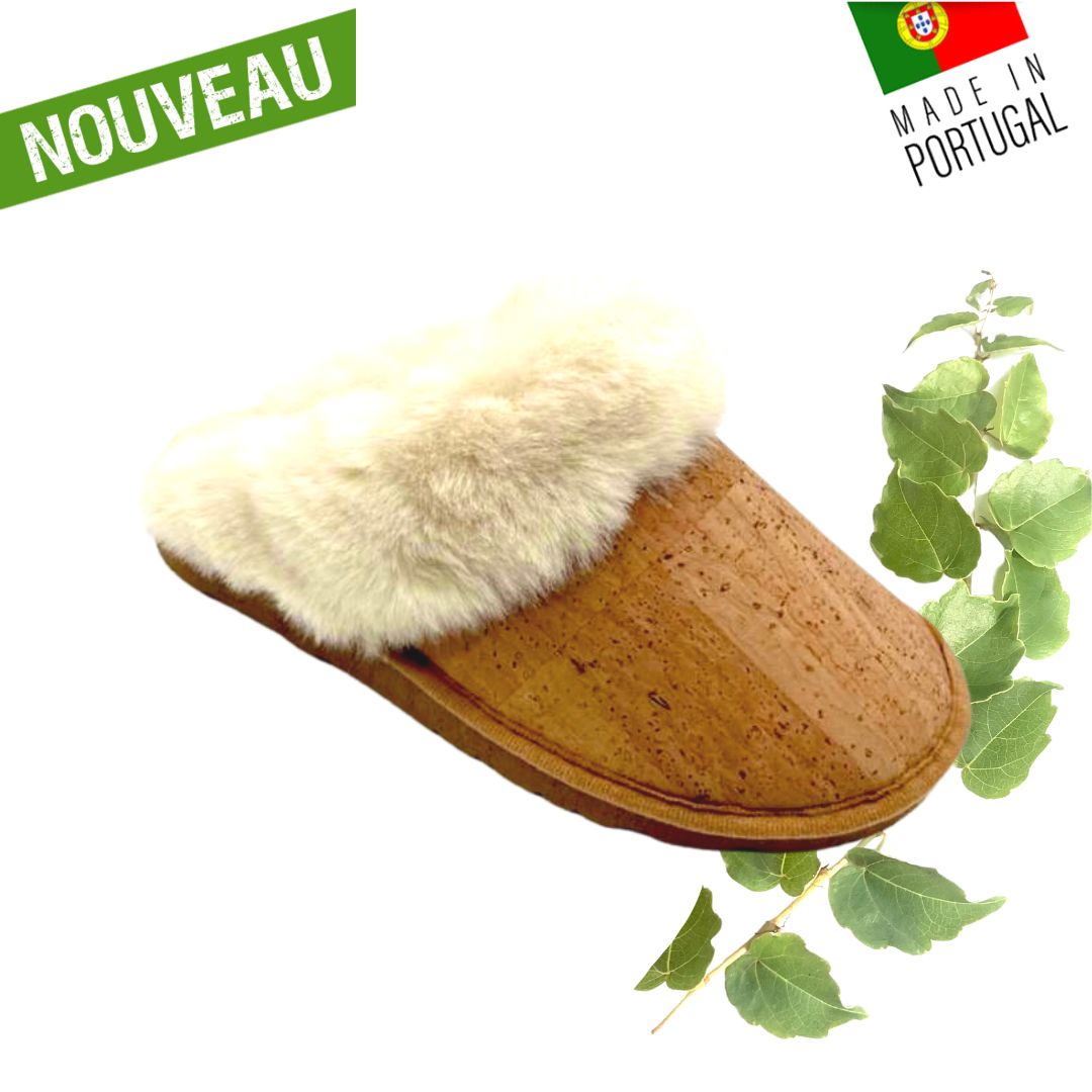 chausson fourré femme vegan - chaussons hiver femme - chausson confortable - chaussons confortables femme - chaussons fourrures femme vegan - chaussons chaud en liège - chausson chaud cuir végétal - chaussons femmes liège Portugal