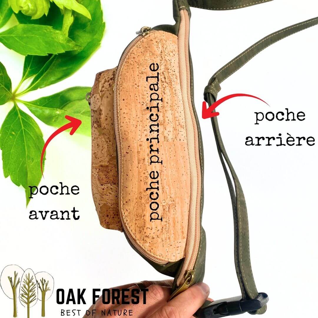 Banane en liège kaki ouverte montrant les 3 poches — avant, principale et arrière