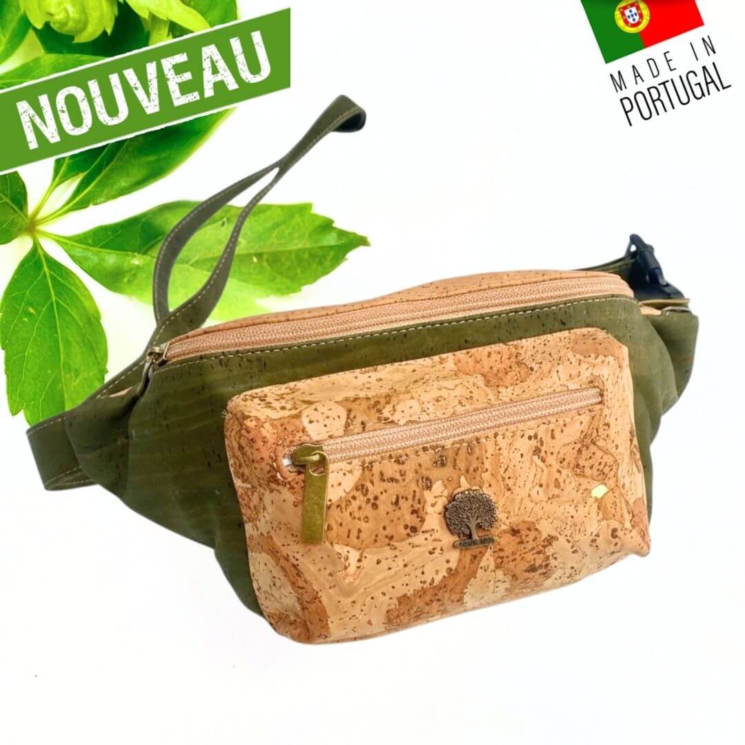 Banane en liège kaki Baroudeur vue de face avec poche avant zippée en liège naturel