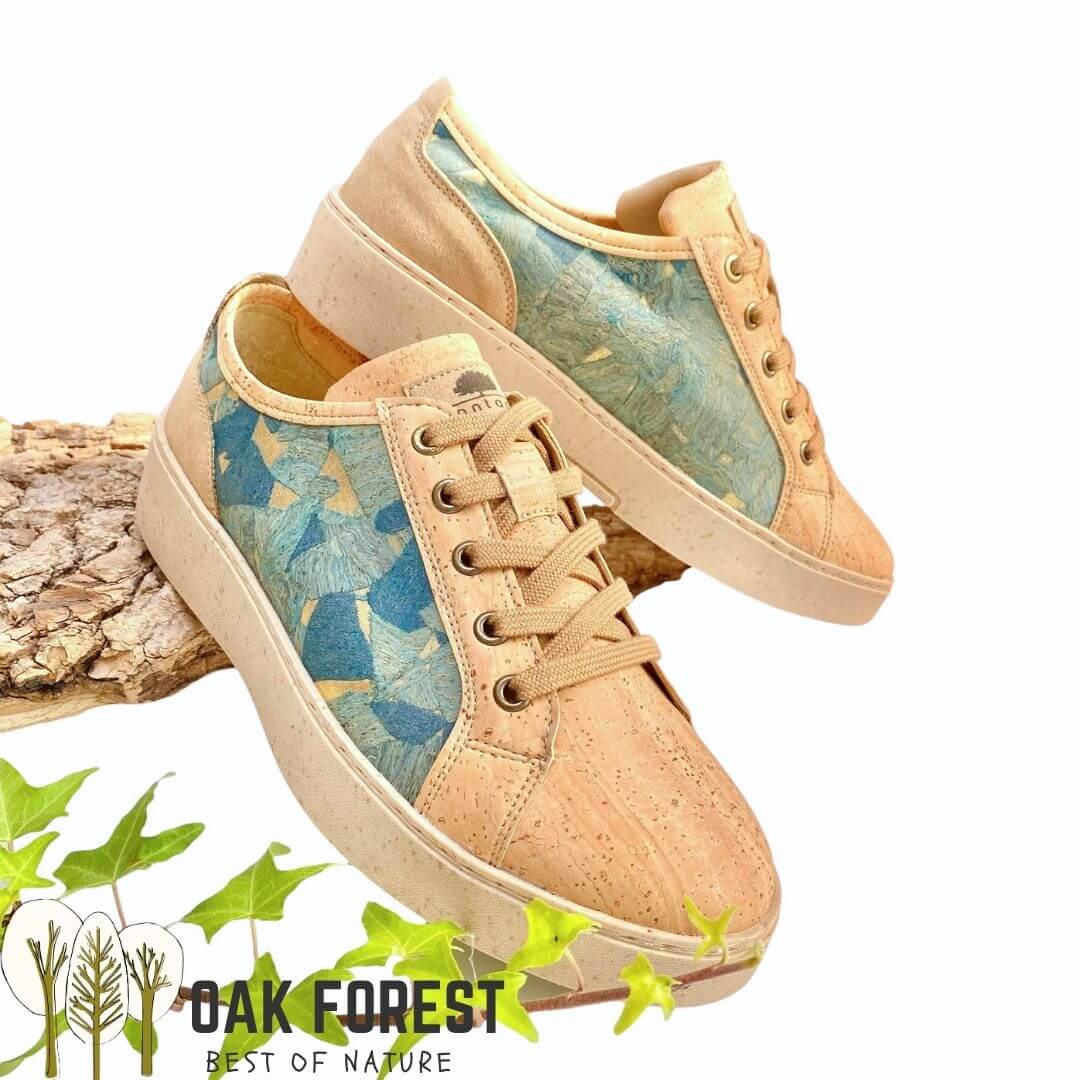 Paire de baskets femme Vitral en liège naturel avec côtés en mosaïque de liège bleu et doré