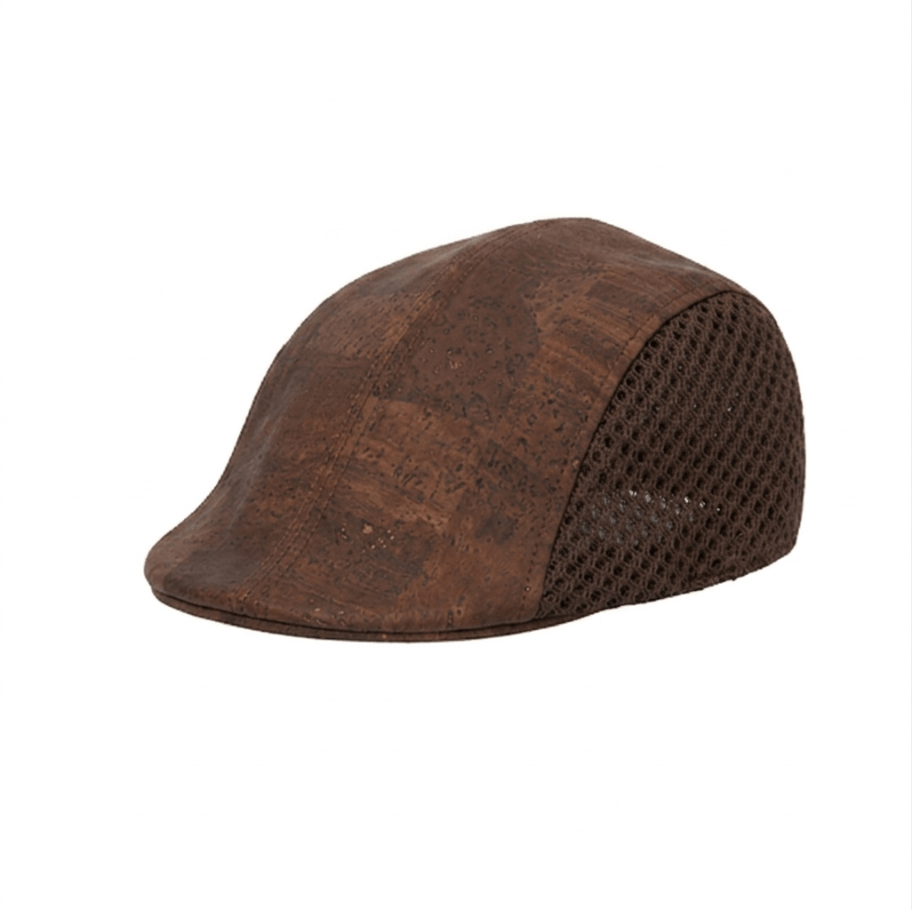 Casquette plate Gatsby en liège marron, vue de profil avec panneaux filet et visière liège - béret liège marron