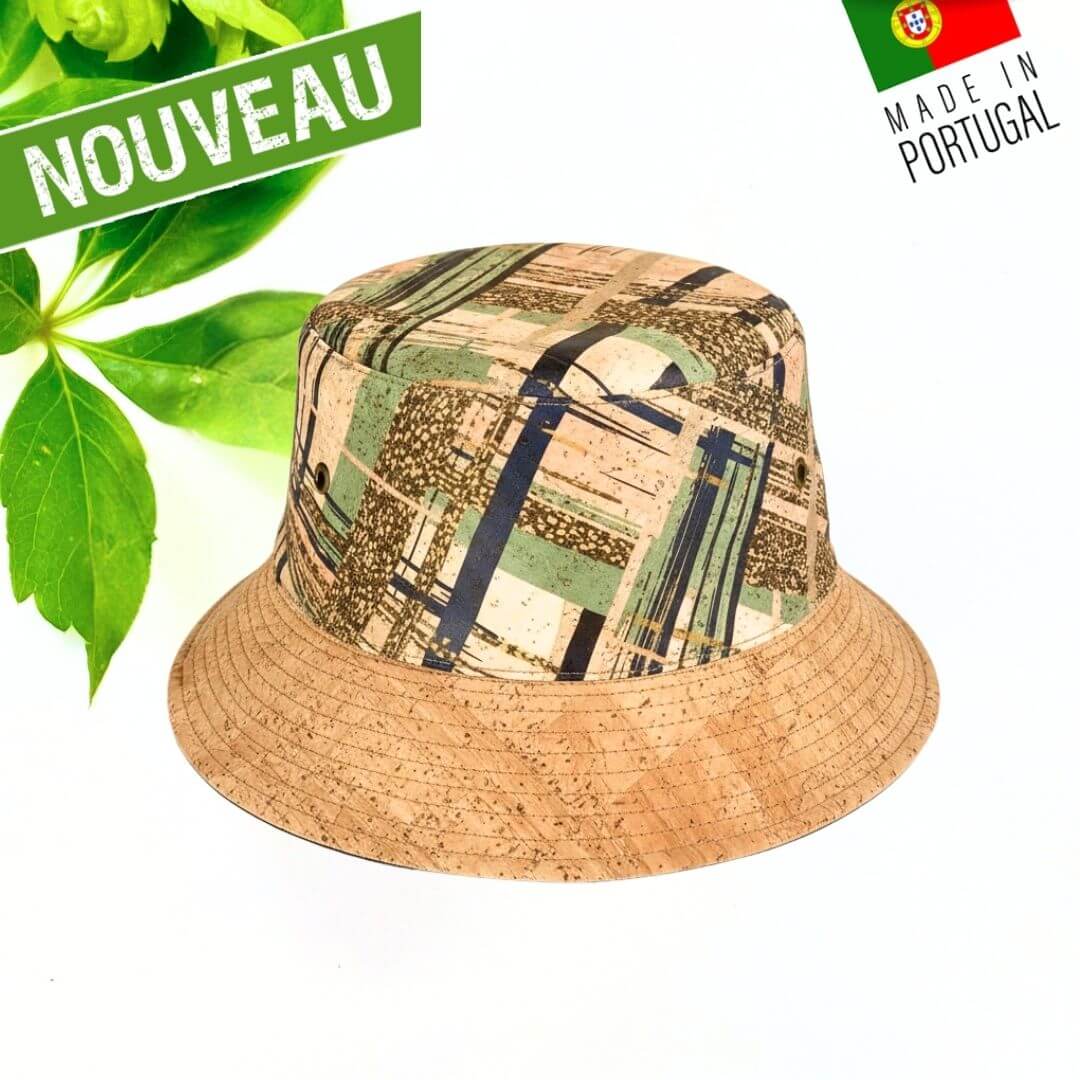 Bob en liège avec motif abstrait bleu et vert sur calotte et bord en liège naturel — modèle Grafik