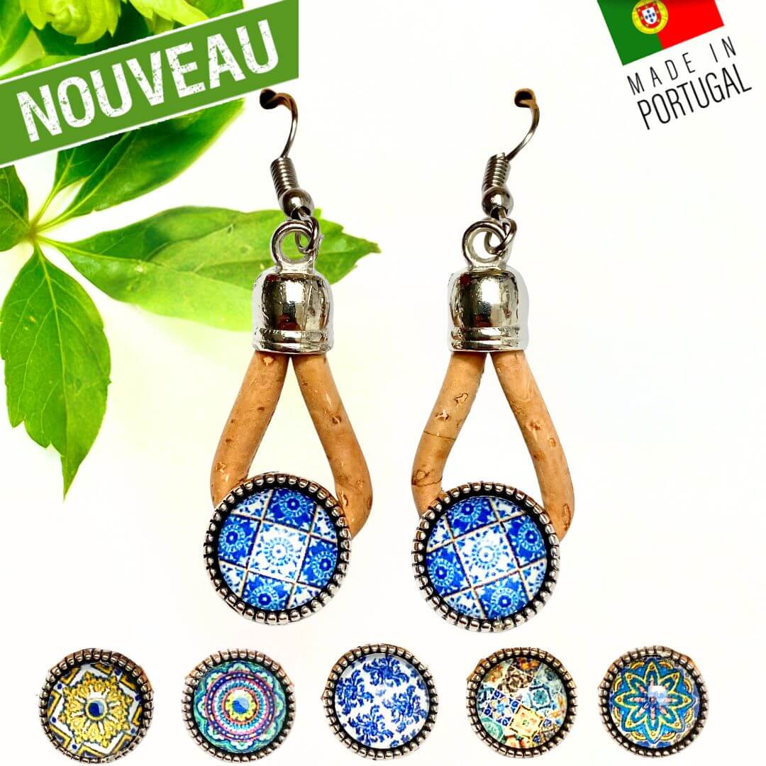 boucles d'oreilles liege - boucle d'oreille liege -  bijoux femme vegan - boucles d'oreilles fleurs vertes - bijoux fantaisie femme vegan - boucles d'oreille portugal - boucles d'oreilles en liège portugal