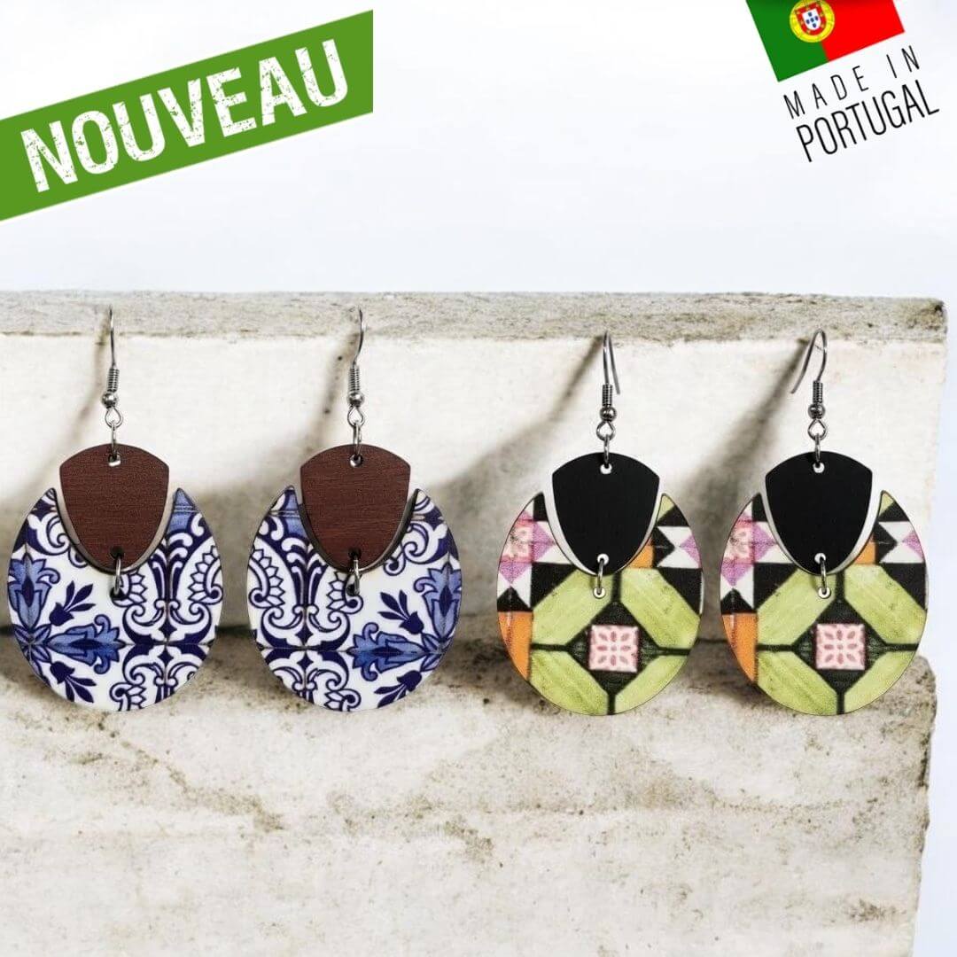 Boucles d'oreilles pendantes en liège motif géométrique multicolore avec demi-cercle noir — modèle Azulejo logoté