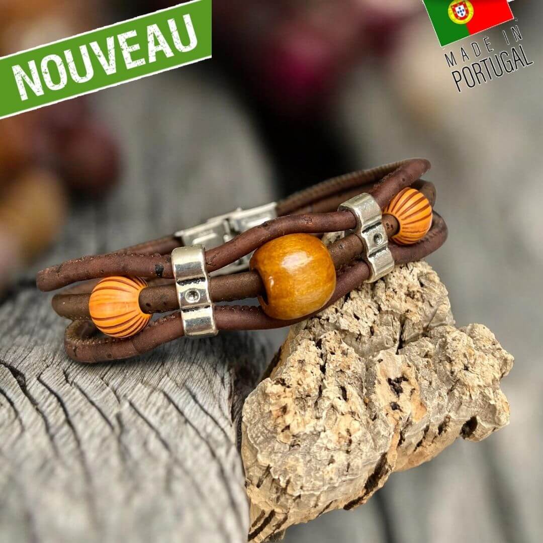 Bracelet en liège marron pour femme avec perle centrale en bois gravé et perles en résine colorée, artisanat du Portugal Oak Forest
