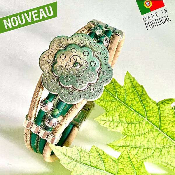 bracelet liege femme pas cher - bracelet liege fleuri - bracelet liège pour femme - bijoux en liège fleuri - bijoux femme portugal - idée cadeau fête des mères - bracelet fille vegan