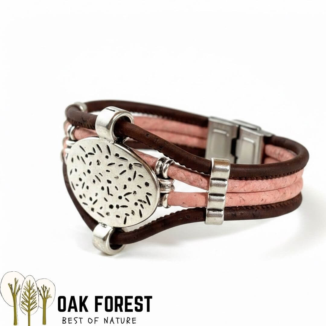 Bracelet en liège rose et marron avec médaillon martelé argenté et fermoir en acier — modèle Mandala