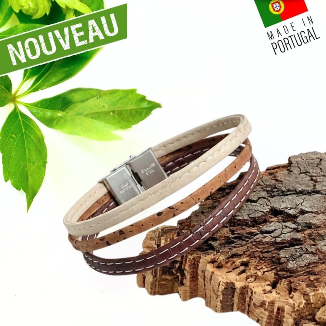 bracelet homme vegan en liège blanc, marron camel sur écorce de bois