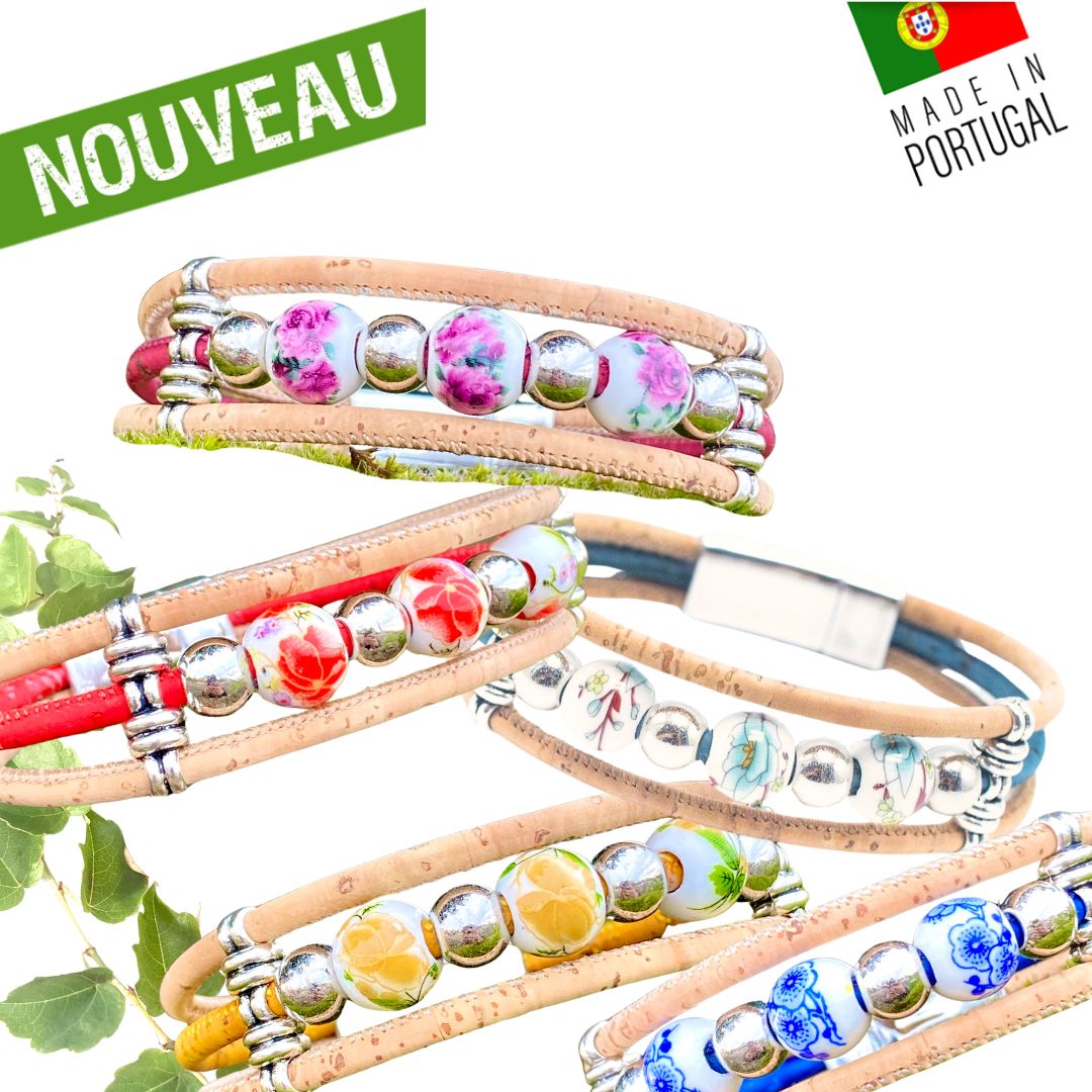 bracelet liege femme vegan - bracelet en liege - bracelet liège portugal - bracelet liège noir et or - bracelet femme noir or - bracelet en liège vegan - bracelet chic - bracelet fleurs femme - bracelet femme été - bracelet fantaisie - idée cadeau femme - anniversaire femme - bracelet coloré vegan - bracelet éthique - ecoresponsable