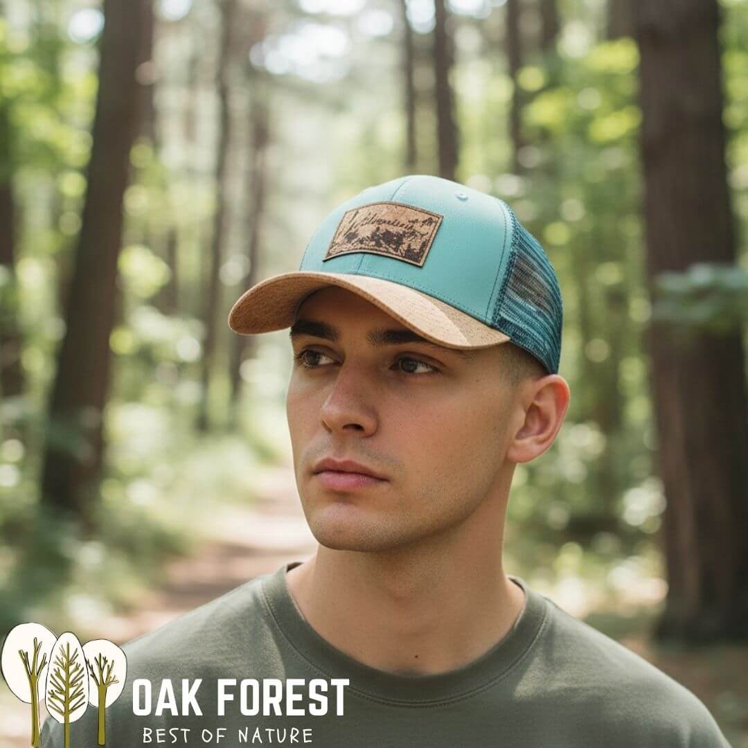 Homme portant la casquette trucker Adventure en liège dans une forêt