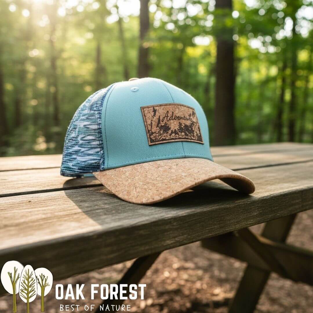 Casquette trucker bleu-vert Adventure avec visière en liège naturel posée sur un banc en bois