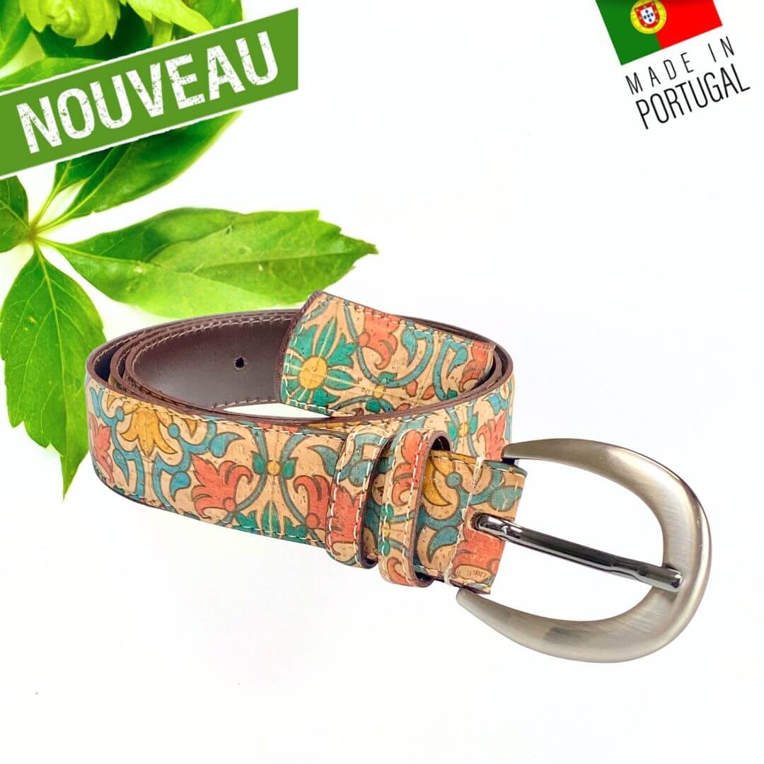 Ceinture femme en liège à motifs azulejos, boucle ovale argentée