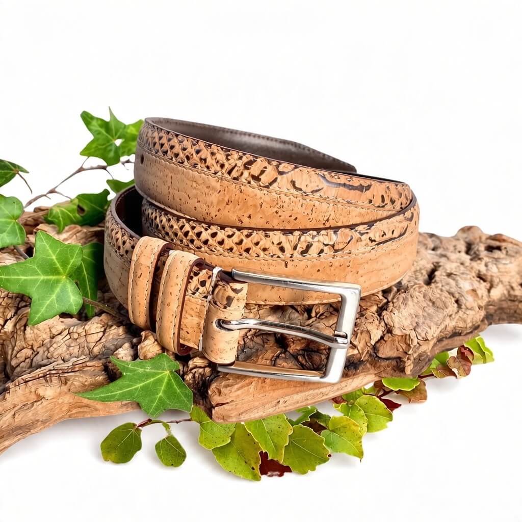 Ceinture mixte vegan en liège clair à effet croco, boucle en aluminium
