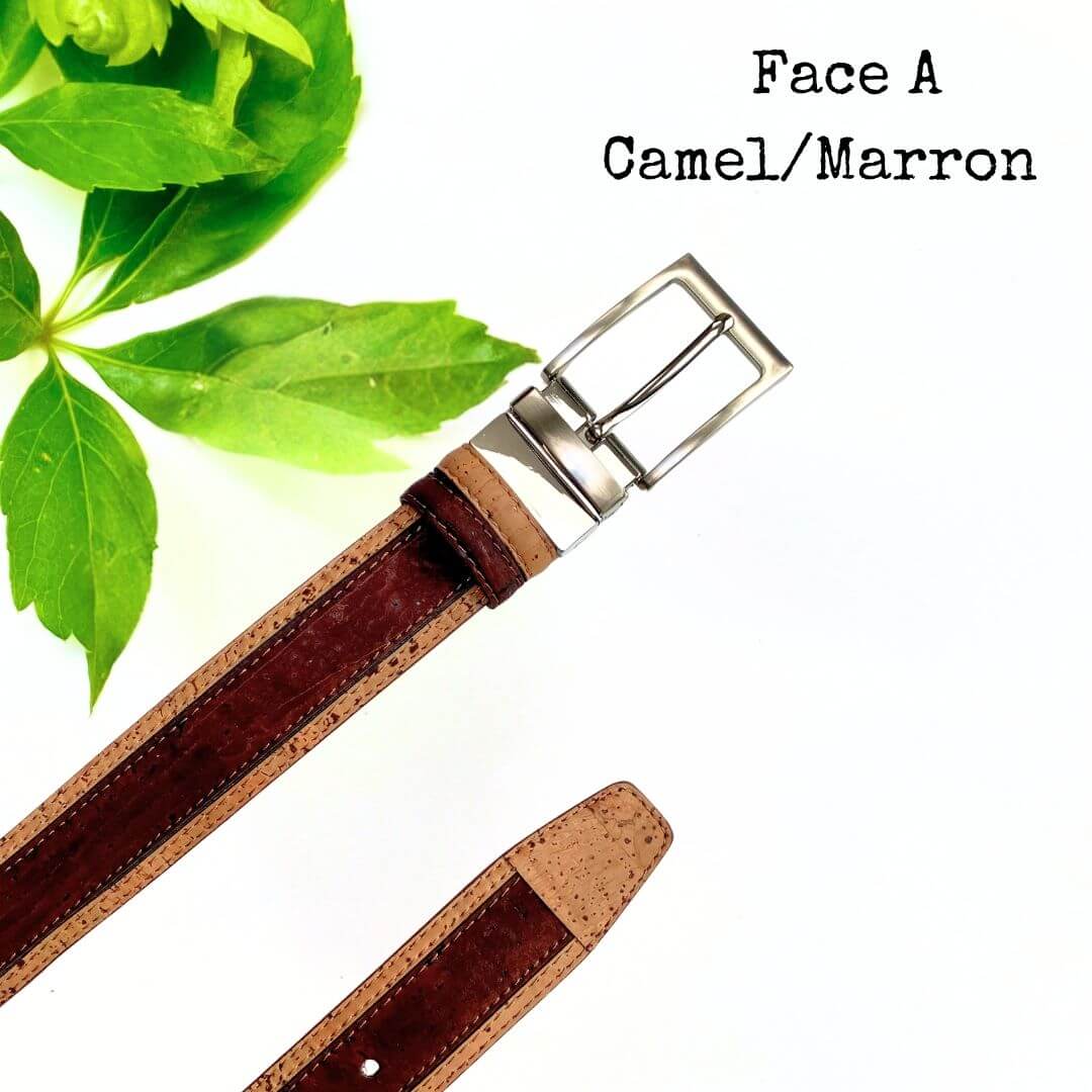 Face A camel et marron de la ceinture réversible en liège