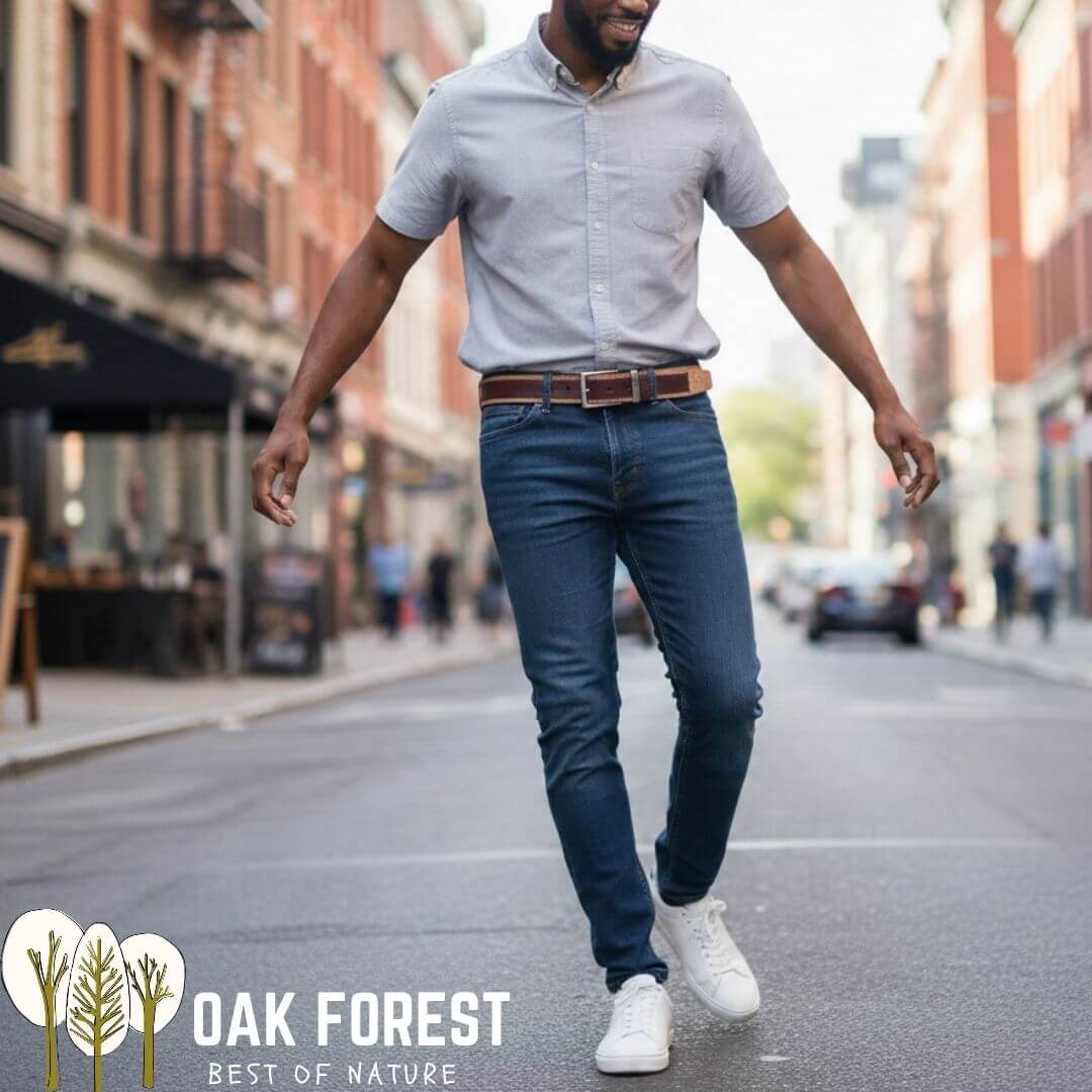 Ceinture en liège réversible portée sur un jean et une chemise