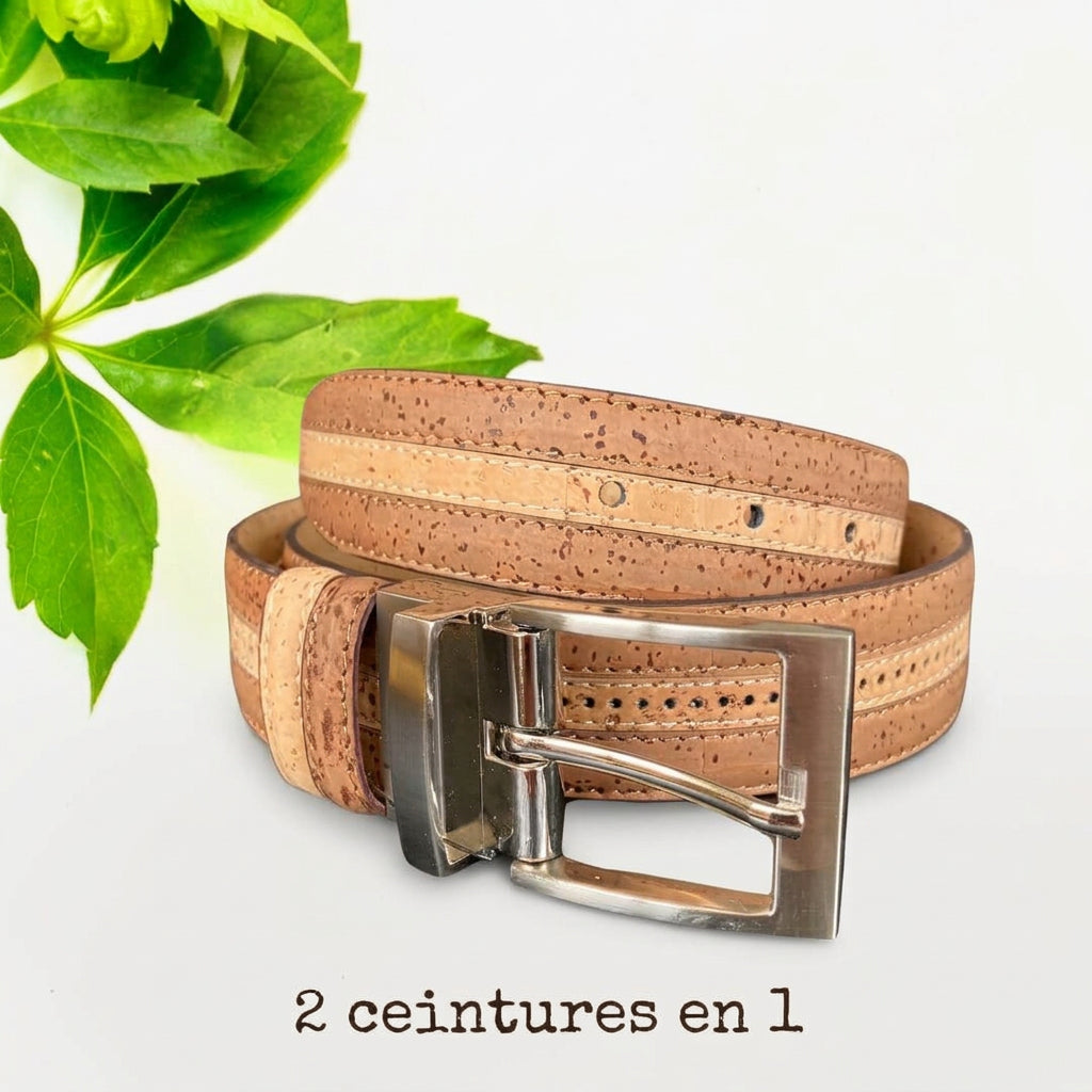 Ceinture réversible 2 en 1 en liège camel perforé et naturel, boucle en aluminium