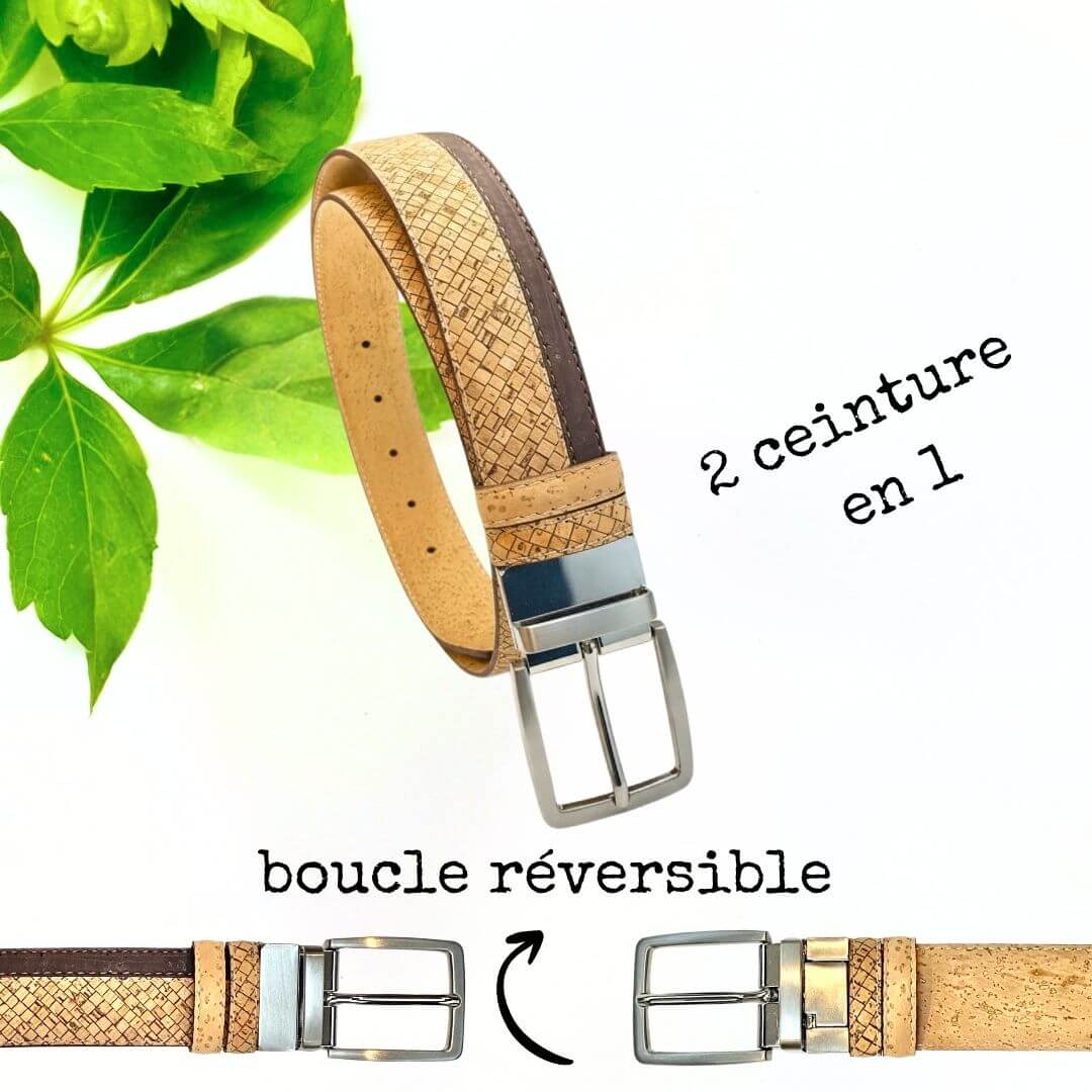 Ceinture 2 en 1 en liège quadrillé et naturel avec boucle réversible