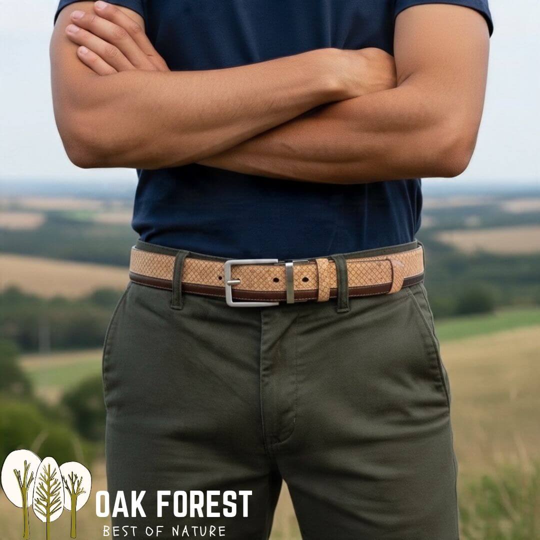 Ceinture en liège quadrillé portée sur un chino kaki