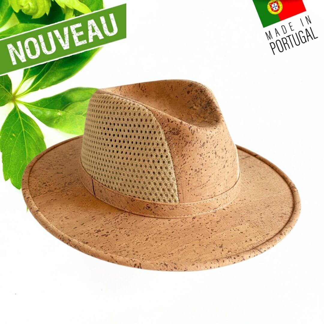 Chapeau fedora en liège naturel avec panneaux mesh ventilés sur le côté — modèle Algarve, vue de profil