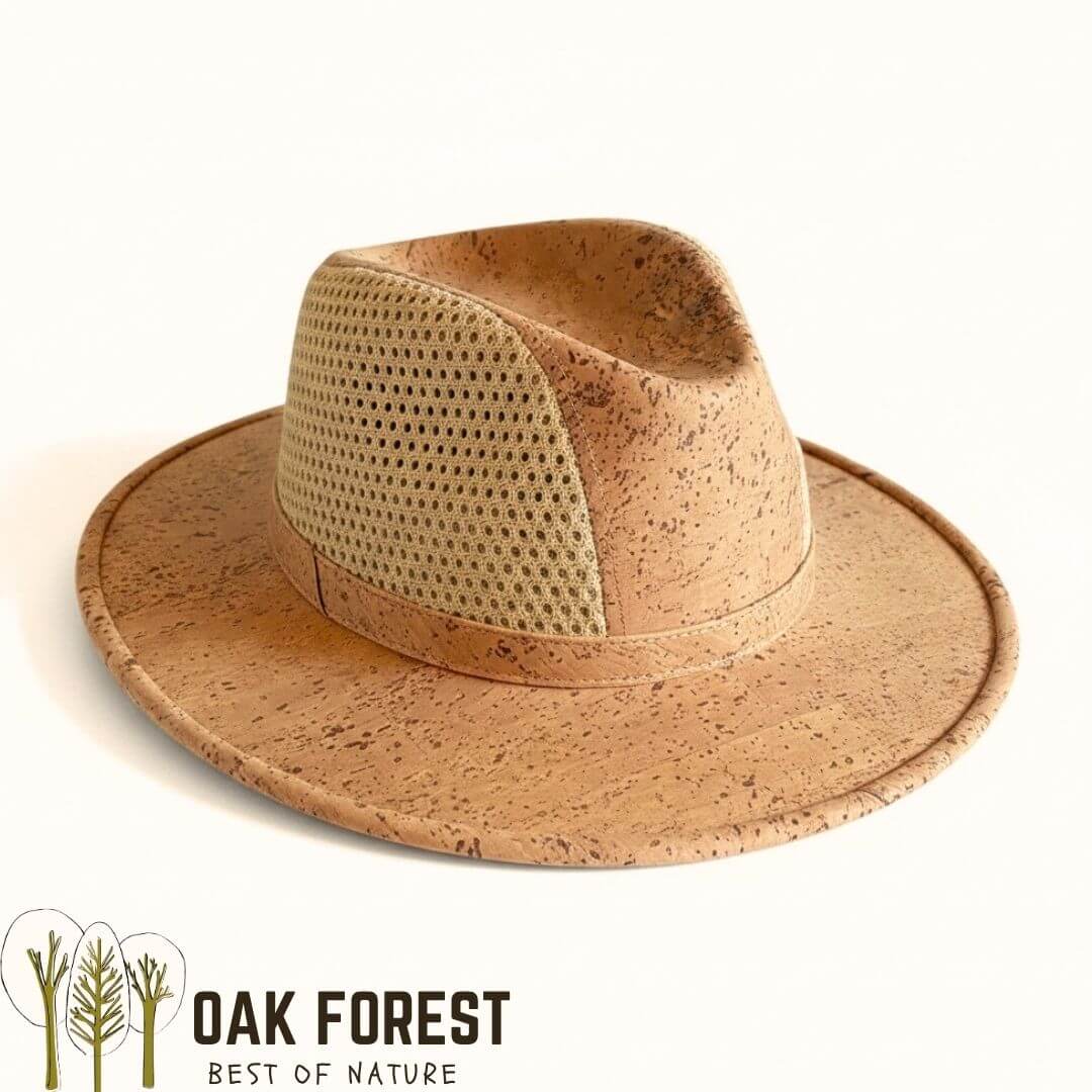 Chapeau paname fedora en liège naturel avec panneaux mesh ventilés sur le côté — modèle Algarve, vue de profil