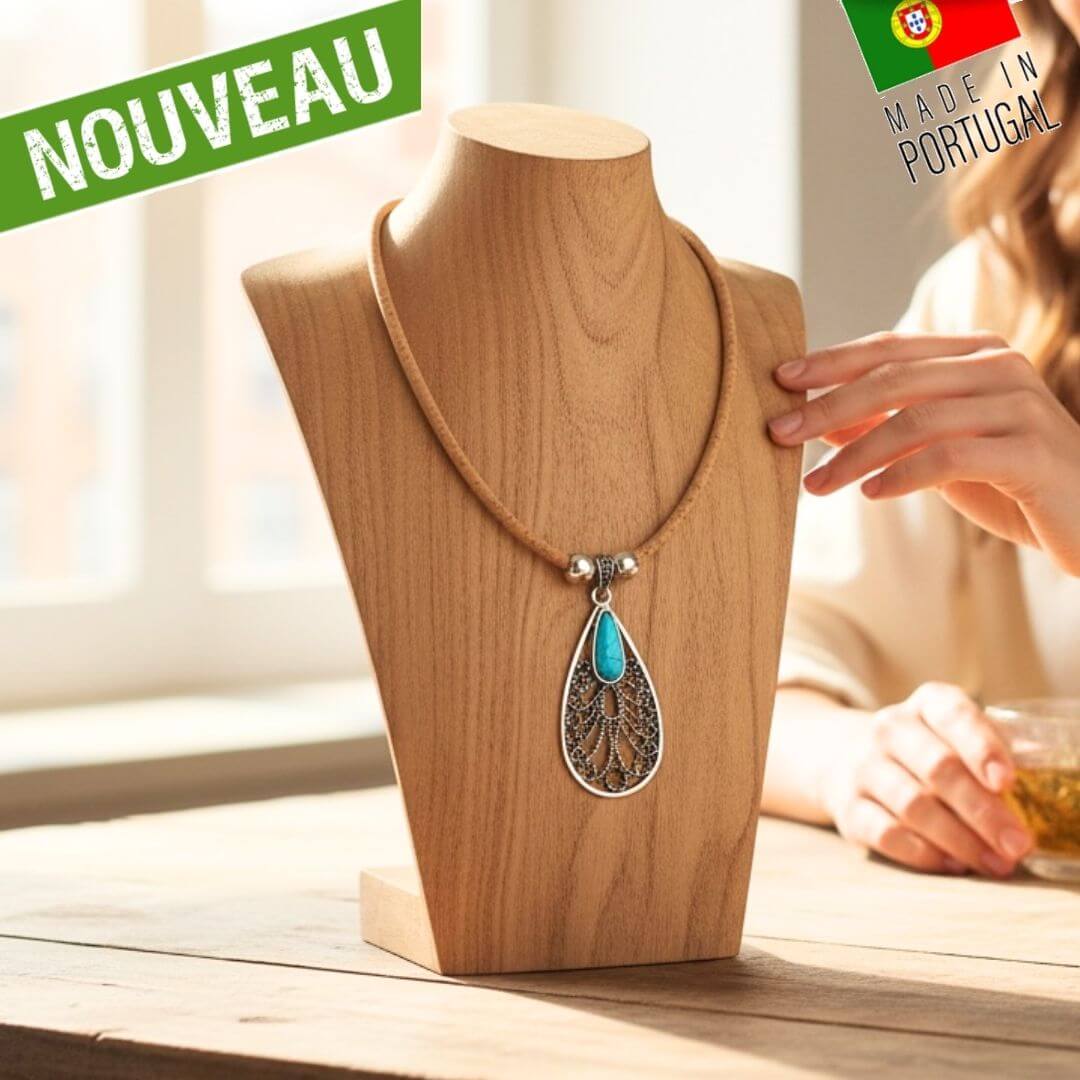 Collier femme Goutte Bleue, pendentif avec pierre turquoise sur cordon en liège naturel