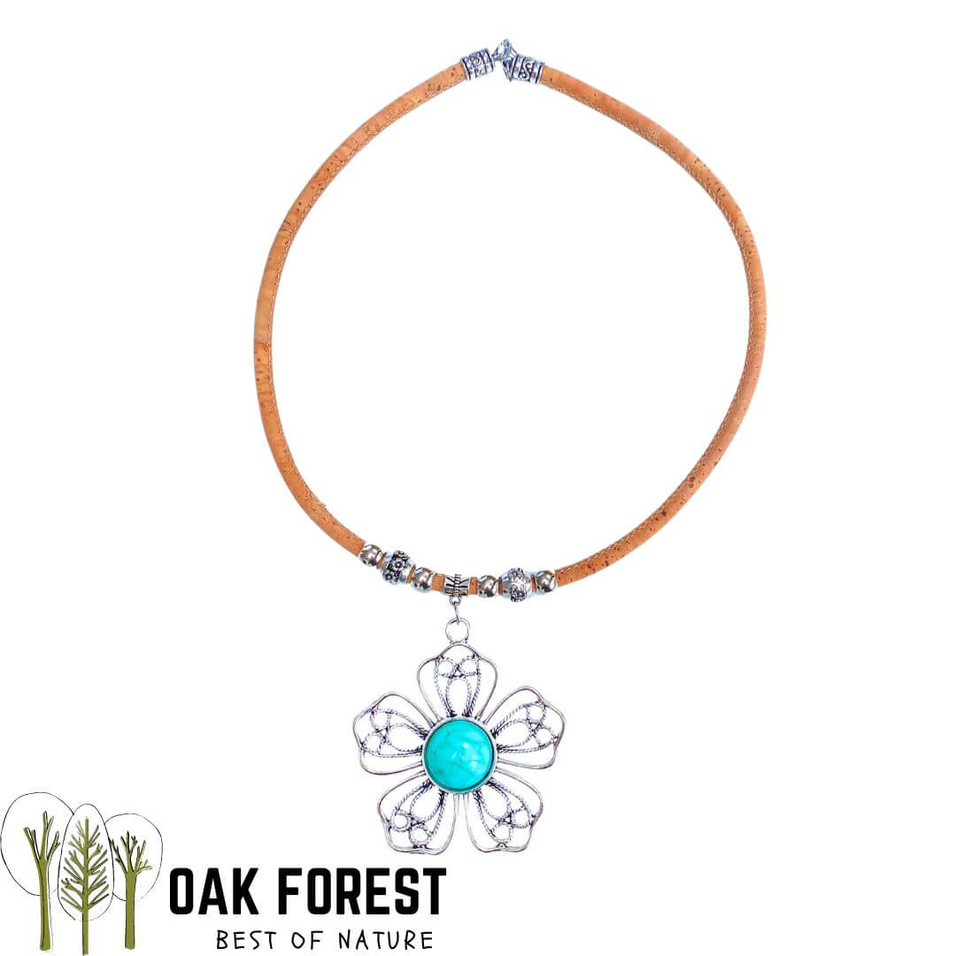 collier femme vegan en liege - collier naturel artisanal portugal - collier liege arabesque - fête des mères - idée cadeau - flower - collier fleur - collier vegan flower - collier fleurs femme naturel - collier portugal - collier pierre turquoise liège